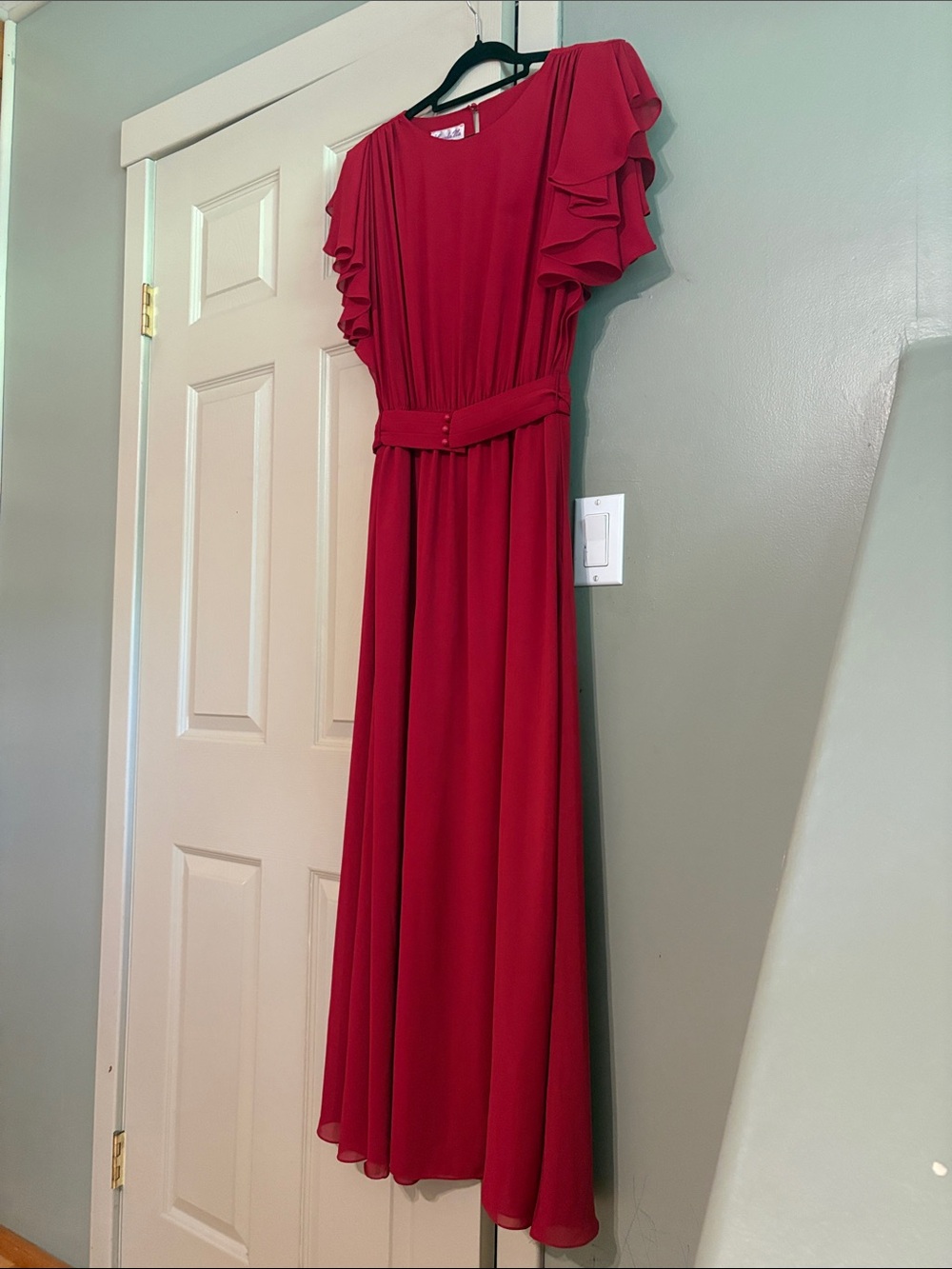 Lourdes Ma for Ethos, Maroon Maxi Dress | Flutter Sleeve | Belted | Size 8